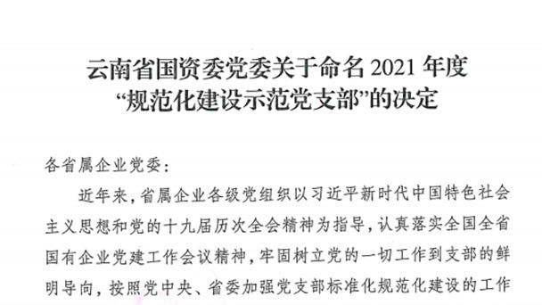 热烈祝贺！云煤（yl6809永利）集团所属2个党支部被定名为省国资委2021年度“规范化建设示范党支部”